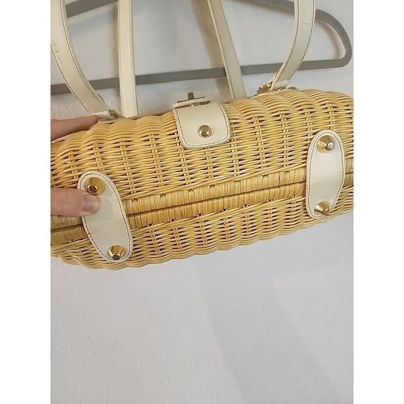 ETIENNE AIGNER Woven Wicker Basket Oblong Purse Handbag Leather Handles Straw - Picture 3 of 10